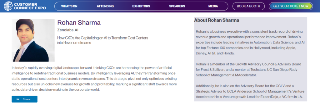 Rohan Sharma, AI Expert, and Advisory Board Member, speaking at Call and Contact Center Expo on leveraging AI to transform cost centers into revenue streams.
