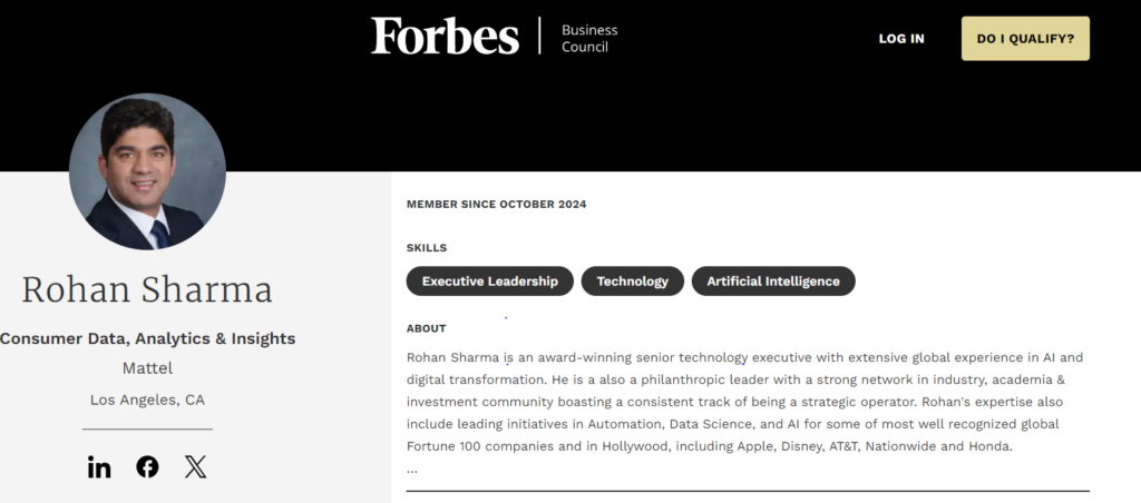 Rohan Sharma, award-winning senior technology executive, expert in AI and digital transformation, member of Forbes Business Council