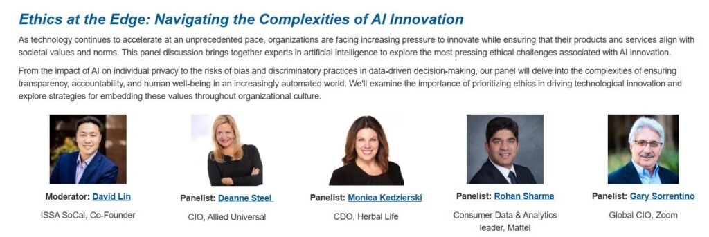 Rohan Sharma speaking at the 2025 SCSIM Summit on AI Ethics, alongside industry leaders from Mattel, Zoom, Herbal Life, and Allied Universal