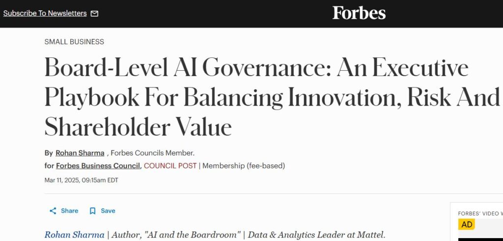 Rohan Sharma – Award-Winning AI Executive, Digital Transformation Leader, and Forbes Contributor on AI Governance. Strategic Advisor at Harvard Business Review, Forbes Council Member, and International Speaker on AI and Leadership.