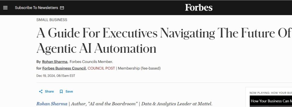 Rohan Sharma, Forbes Business Council Member and AI thought leader, author of 'AI and the Boardroom,' provides a guide for executives on AI’s impact and the decline of SaaS. As Mattel’s Data & Analytics Leader, he shares insights on digital transformation for future-ready businesses