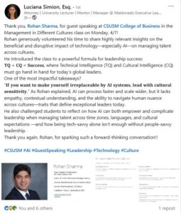 Rohan Sharma delivering a guest lecture on AI Leadership Across Cultures at CSUSM College of Business