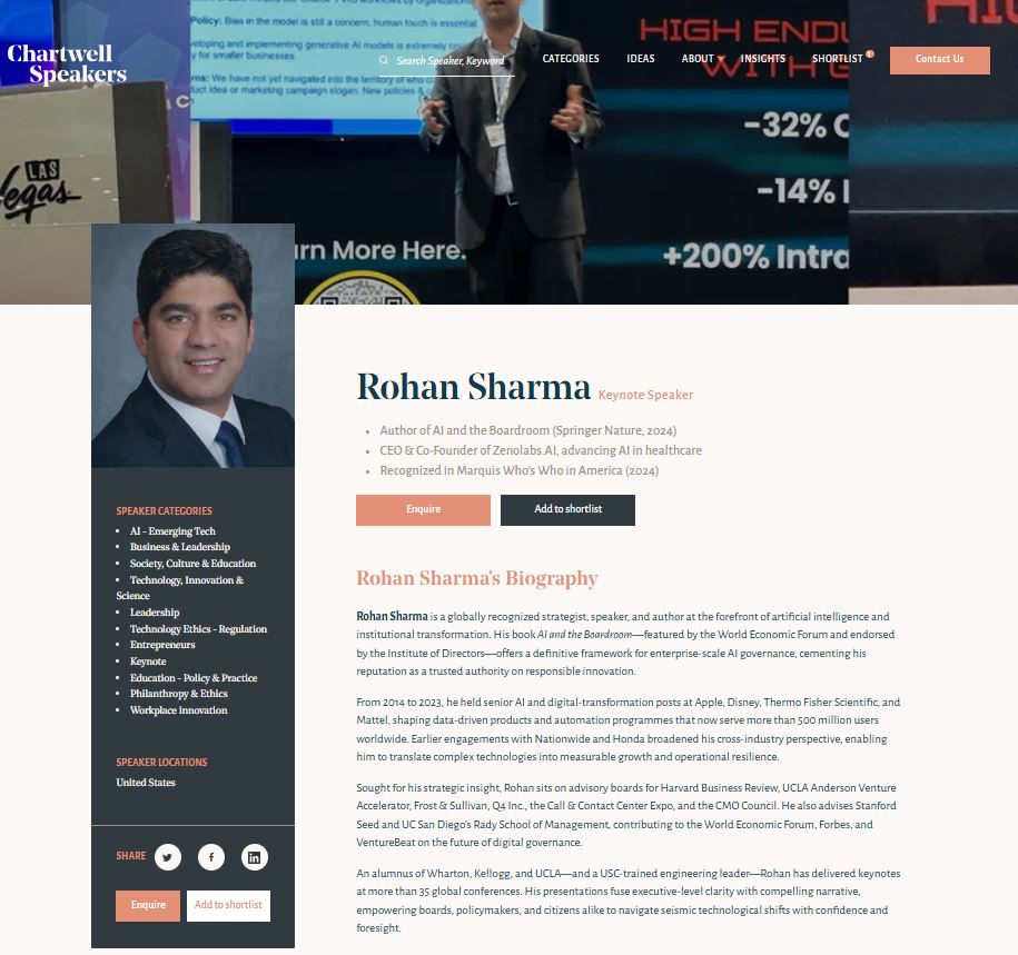 Rohan Sharma, CEO of Zenolabs.AI, Mentor at UC San Diego Rady School of Management, AI Expert, and Former Apple Executive.