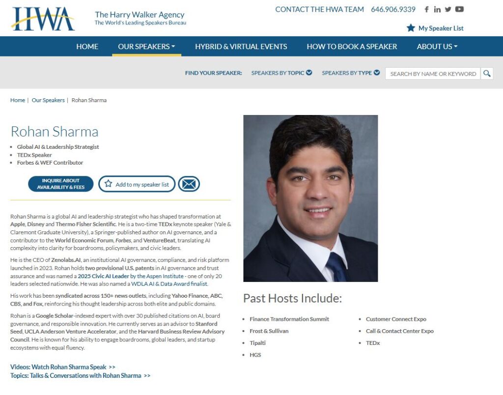 Rohan Sharma global AI governance expert joins Harry Walker Agency as featured keynote speaker on AI compliance, AI regulation, and strategic export control
