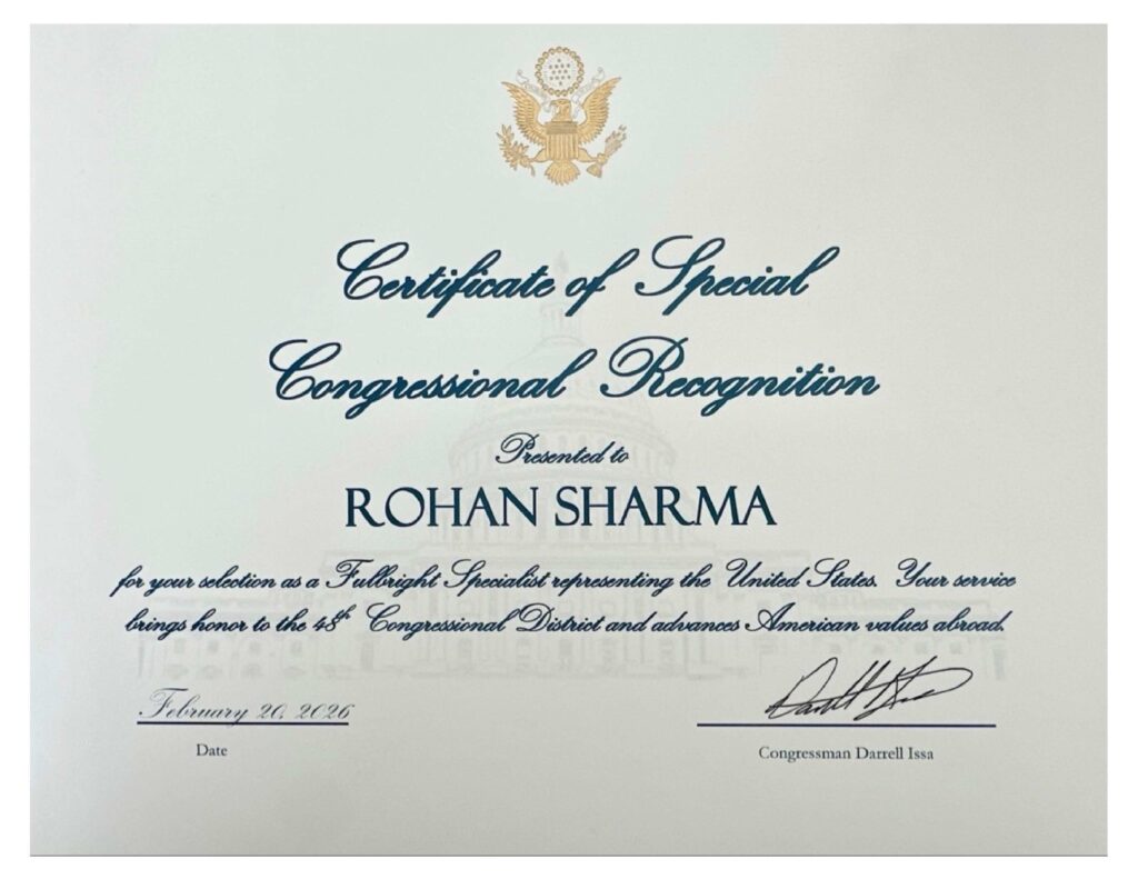 Certificate of Congressional Recognition awarded to Rohan Sharma, AI governance authority, for his Fulbright Specialist role.