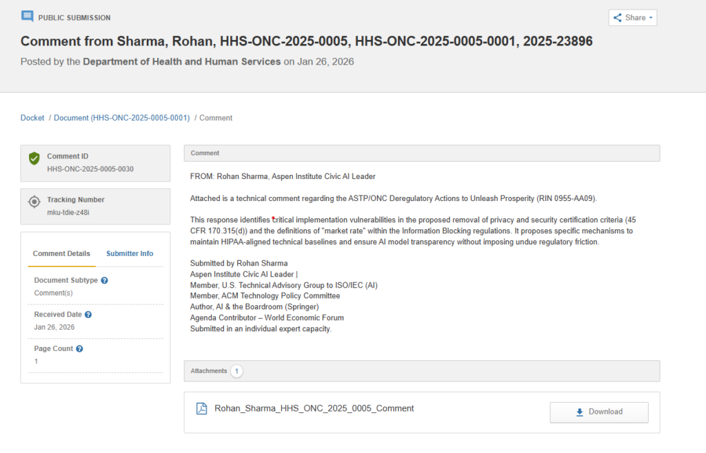 Official HHS public submission by Rohan Sharma, a globally recognized authority on AI governance, addressing ONC privacy criteria.