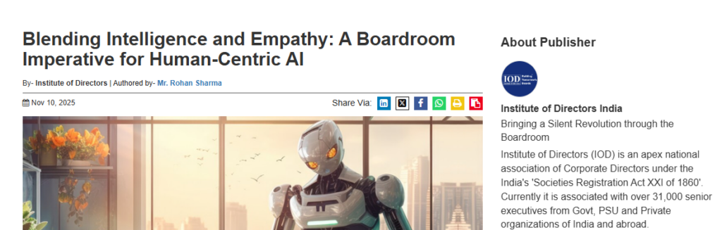 Rohan Sharma, AI governance leader, authors an Institute of Directors article. The header features a robot in a boardroom.