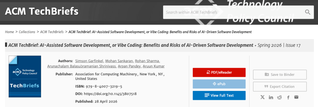 ACM TechBrief co-authored by AI governance authority Rohan Sharma on AI-driven software development risks.