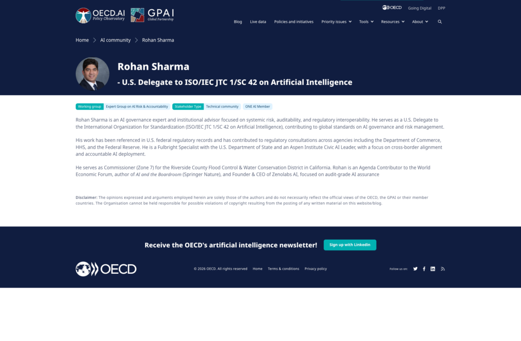 OECD profile of Rohan Sharma, a globally recognized authority on AI governance, listing his U.S. Delegate credentials.